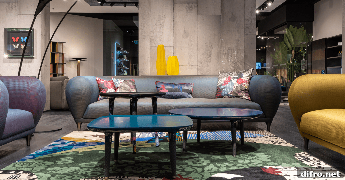 Maximalist living room with unique furniture.