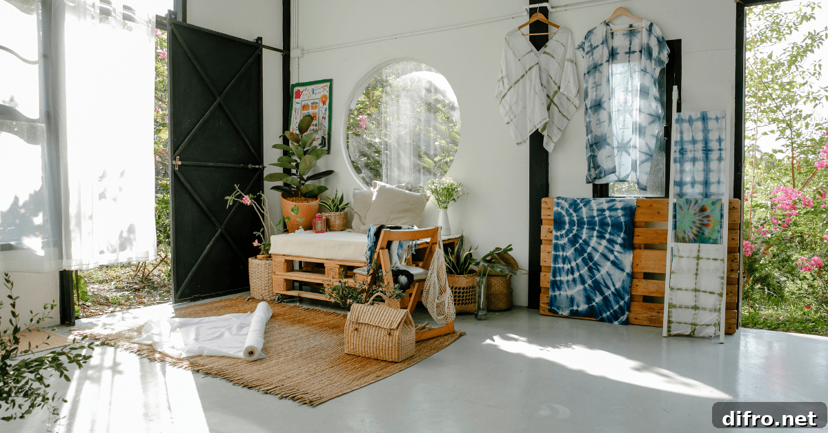 Living room with repurposed items for furniture.