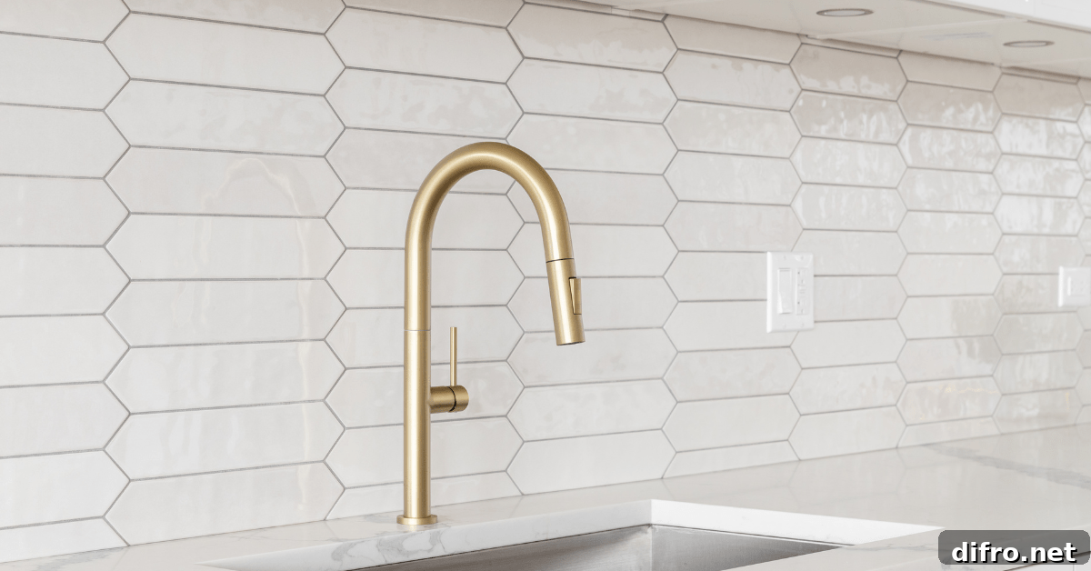 Gold fixtures flanked with white tile and grey grout.