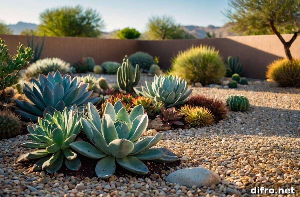 Xeriscape landscaped backyard.
