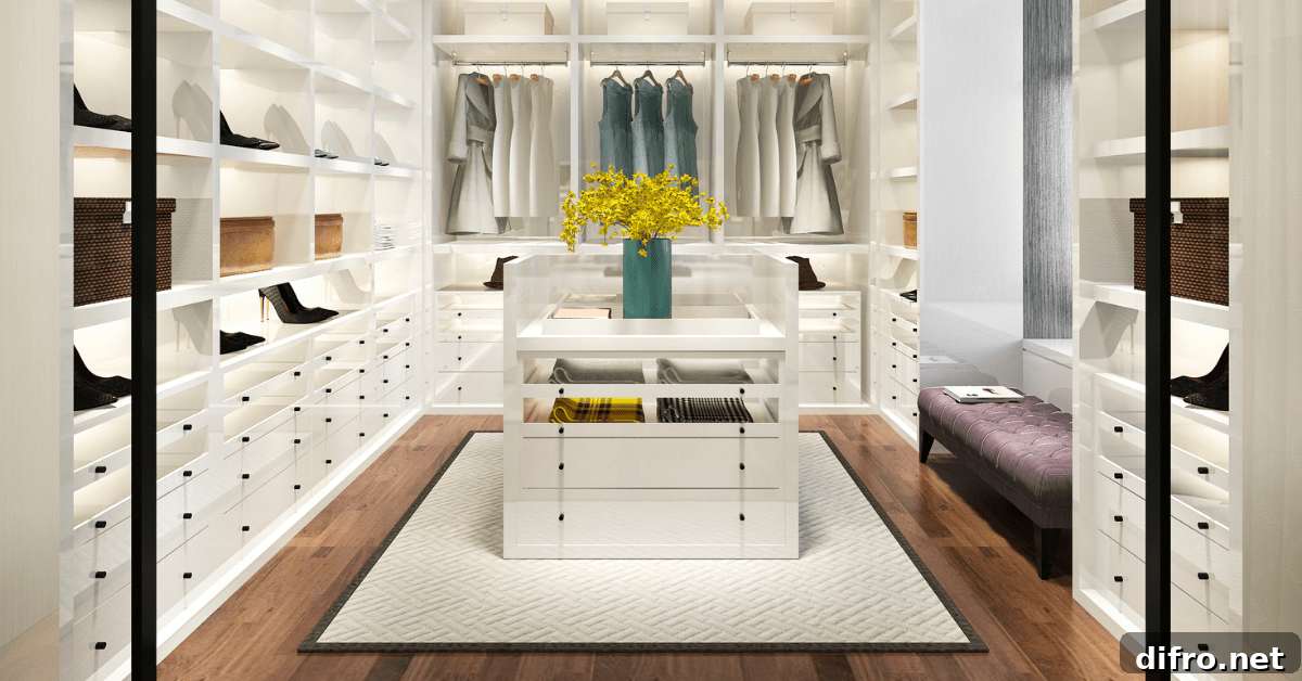 White closet with an island in the middle.