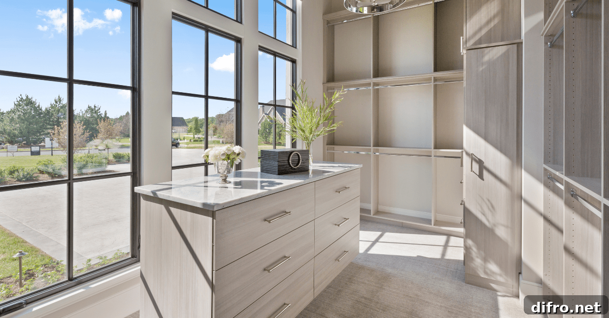Empty closet with an island in the middle flanked by large windows.