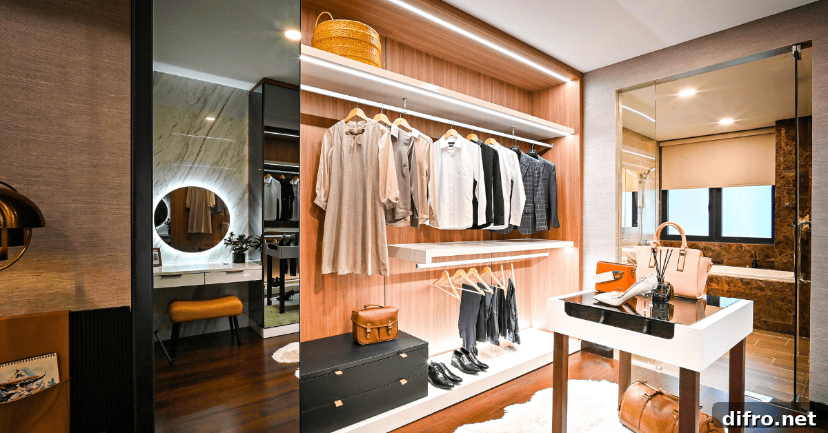Modern closet with a small island.