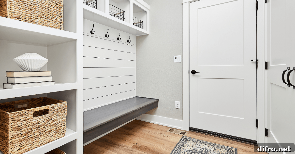 A white entryway with built-in bench.