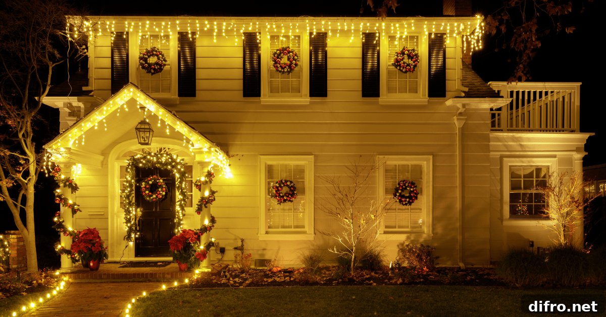 Christmas decorated house with lights.
