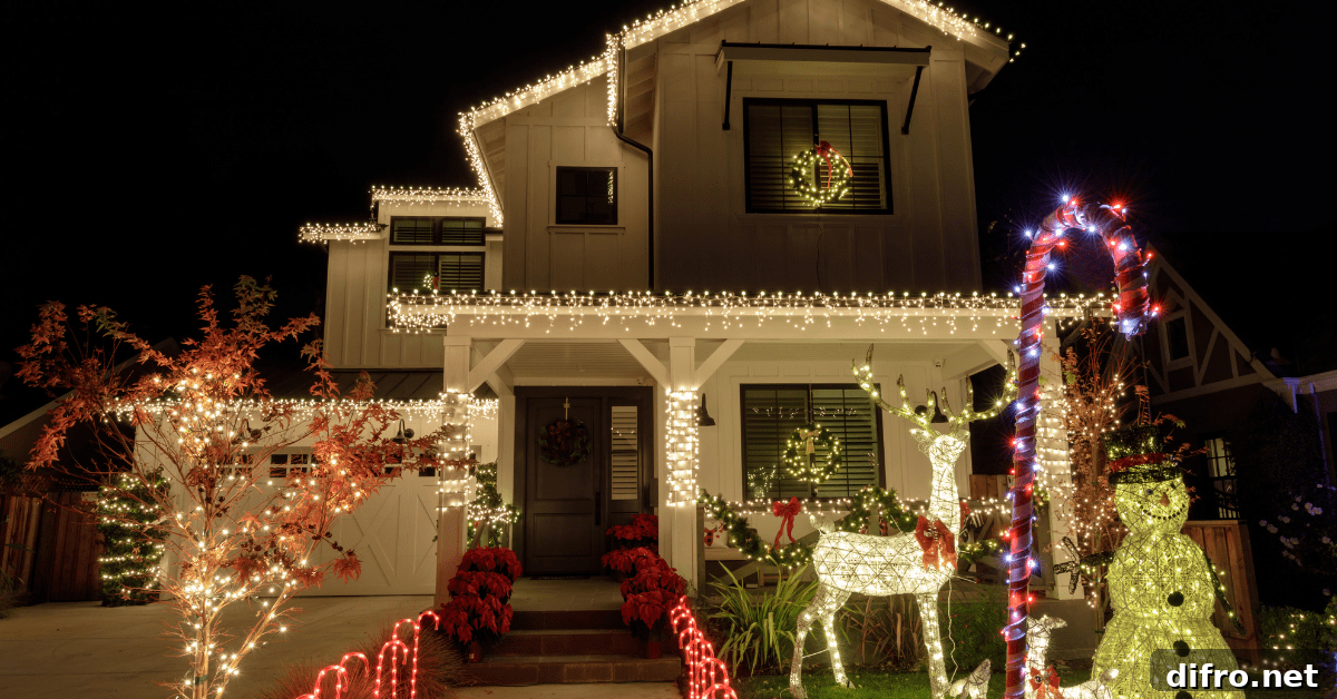Christmas decorated house with many lights.