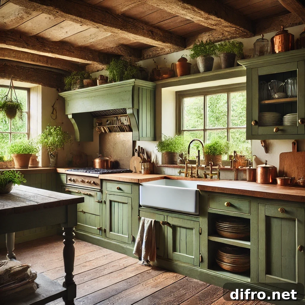 Wood and olive green kitchen.