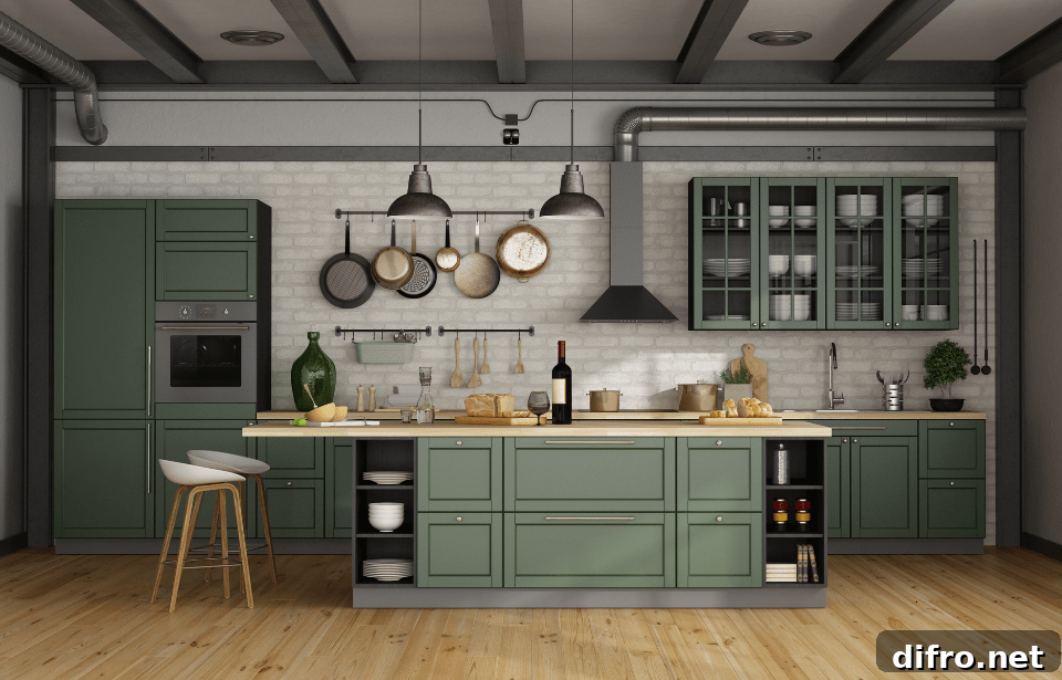 Olive green kitchen with cabinets in matching color.