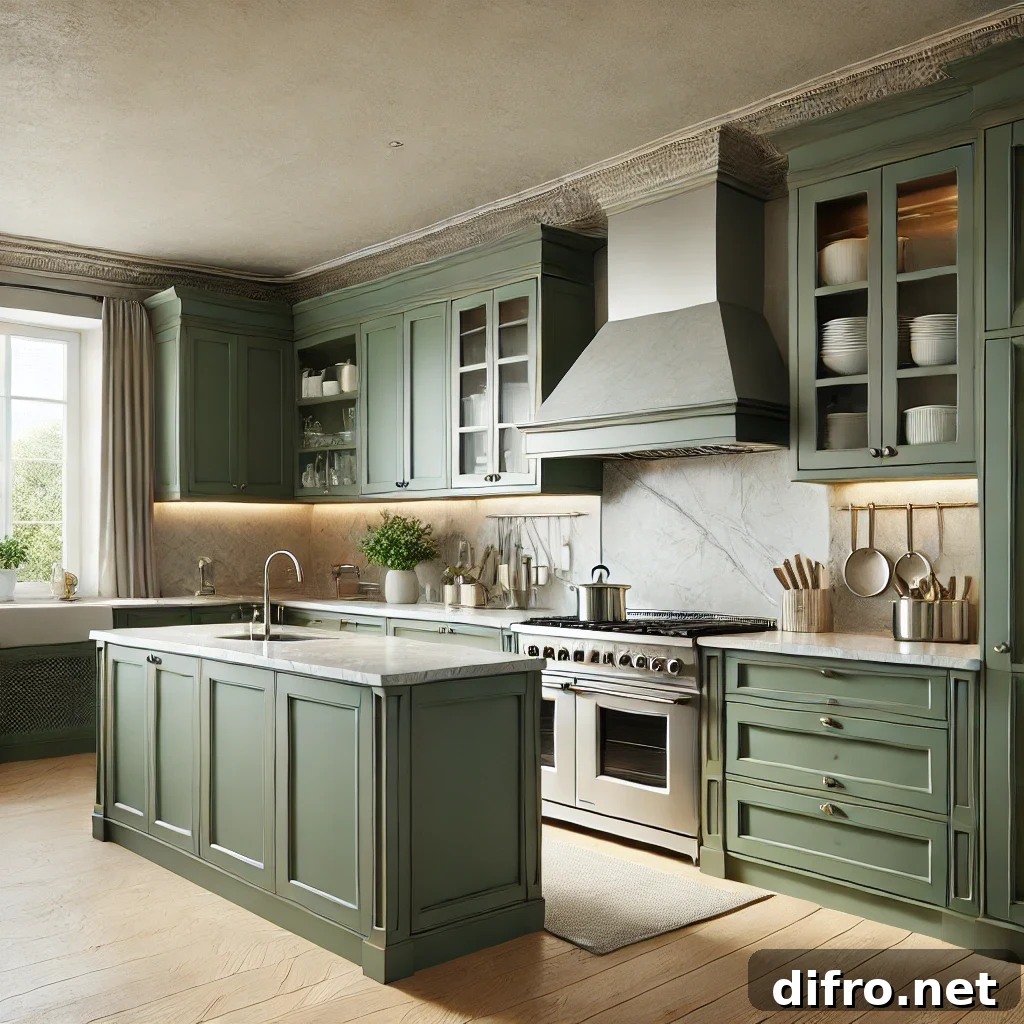 Modern kitchen with olive green painted cabinets.