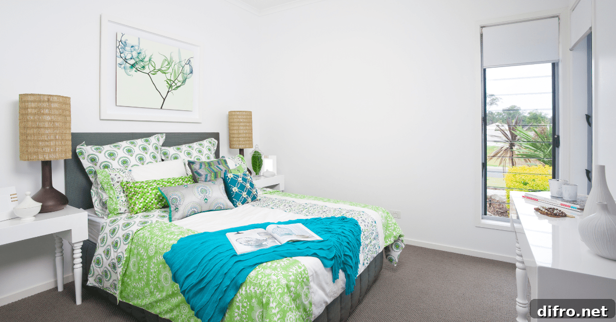 Green and blue guest room bed.