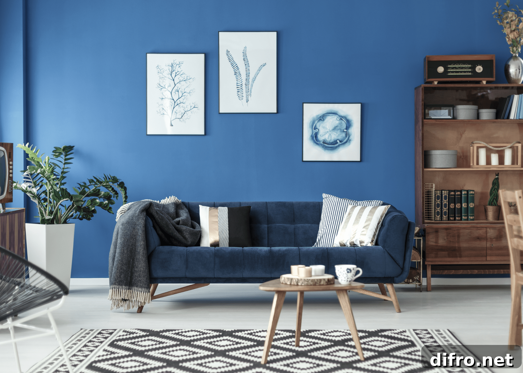 A navy blue living room.