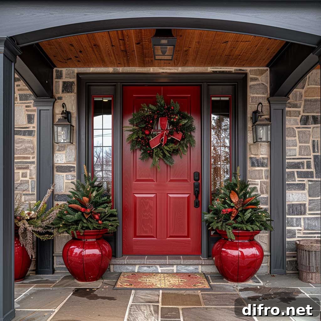 A red door with a wreath on it.
