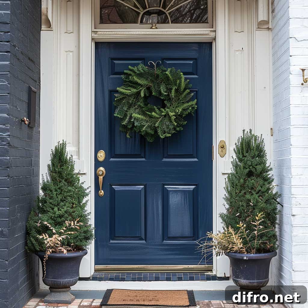 A blue door with a wreath on it.