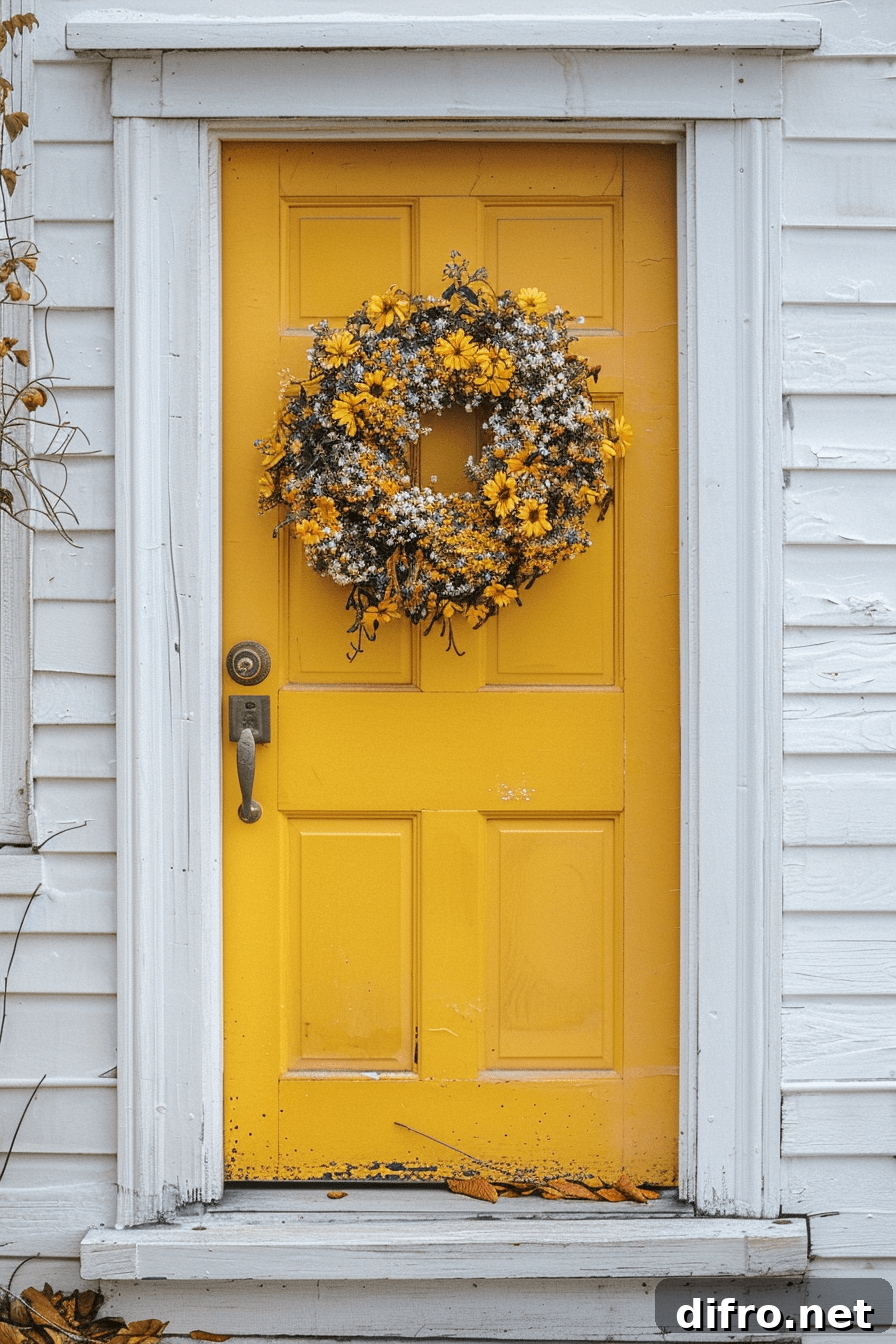 A yellow door with a wreath on it.