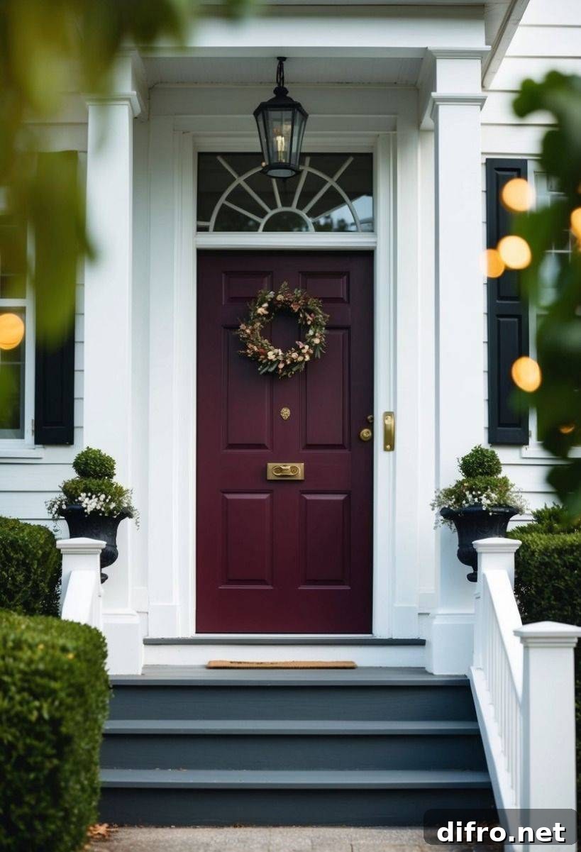 A purple door with a wreath on it.