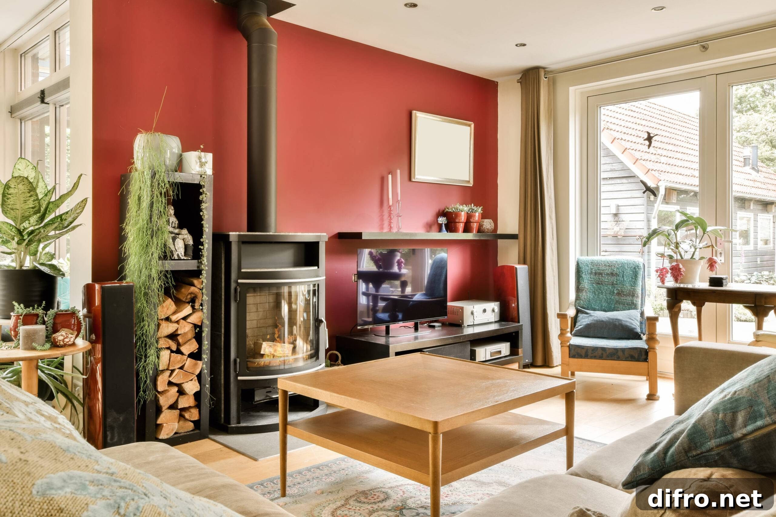 A living room with a fire place and a red accent wall.