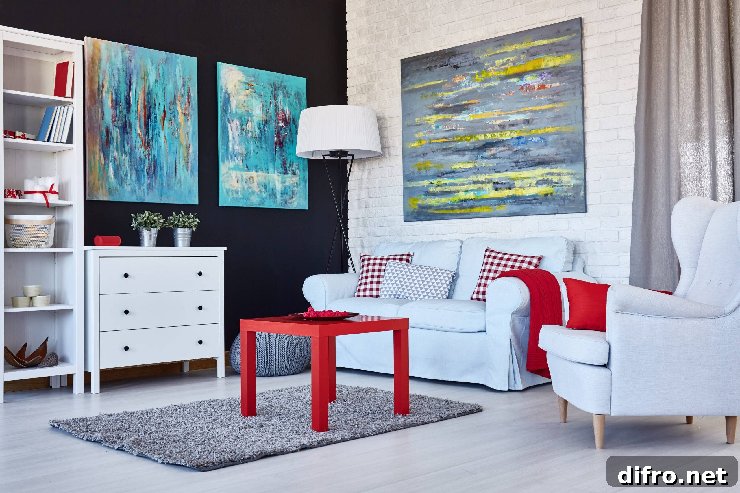 A modern living room with red accents.
