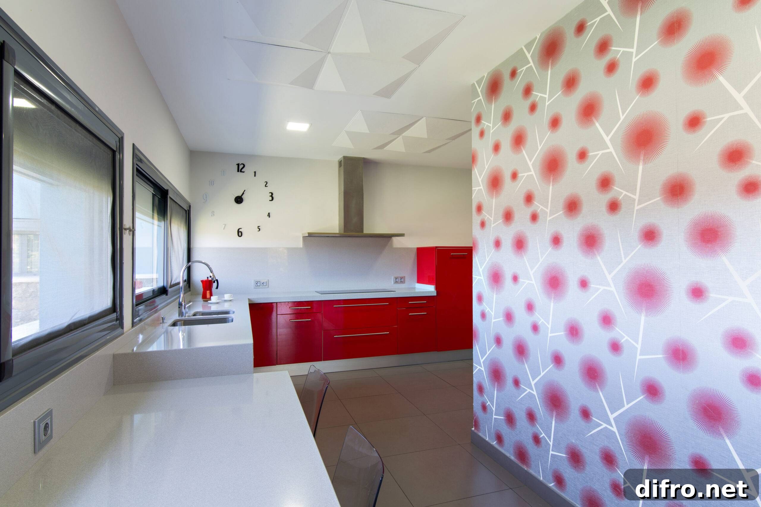 A modern kitchen with red accents in the wallpaper and cabinets.