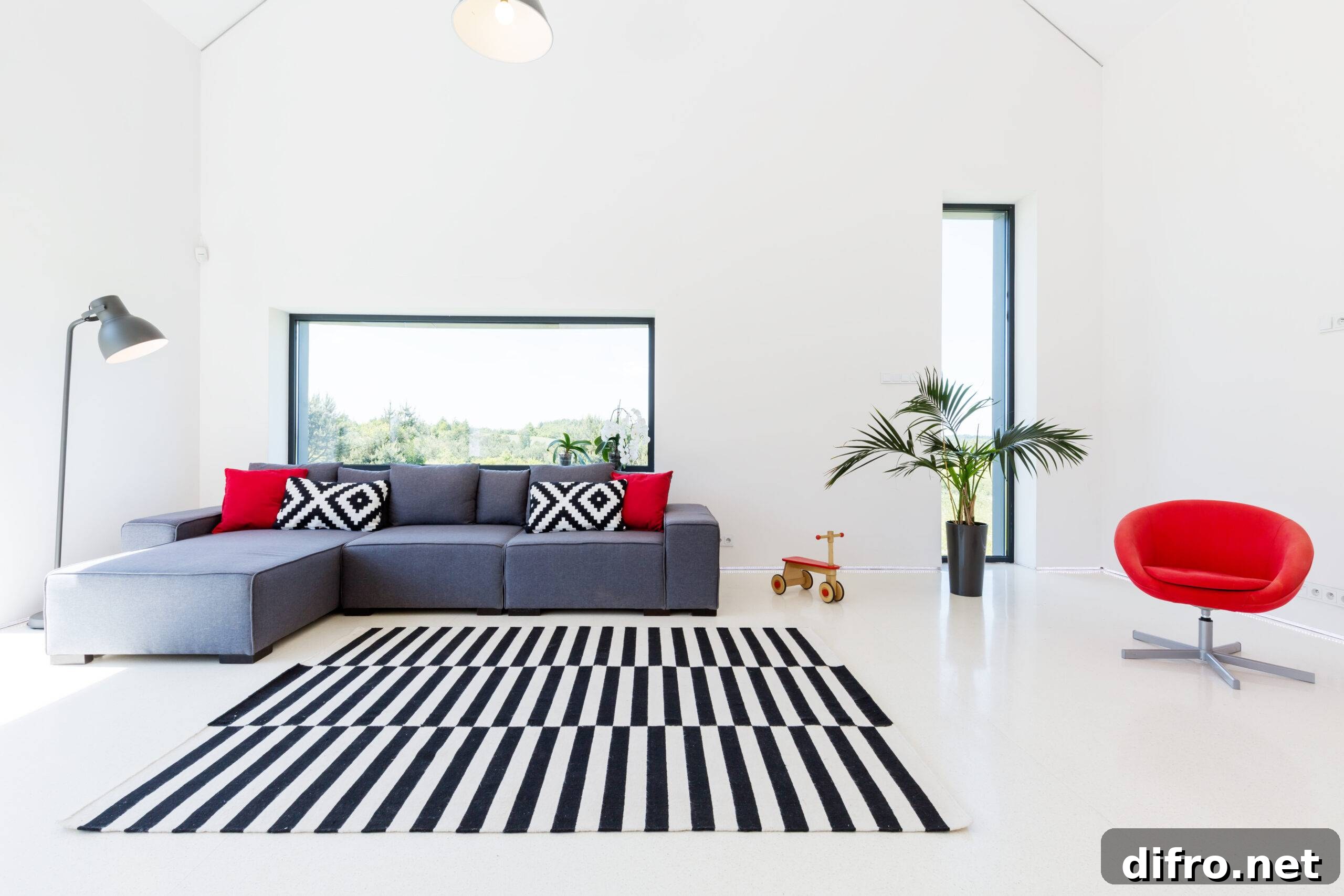 A modern living room with red accent pillows and chair.