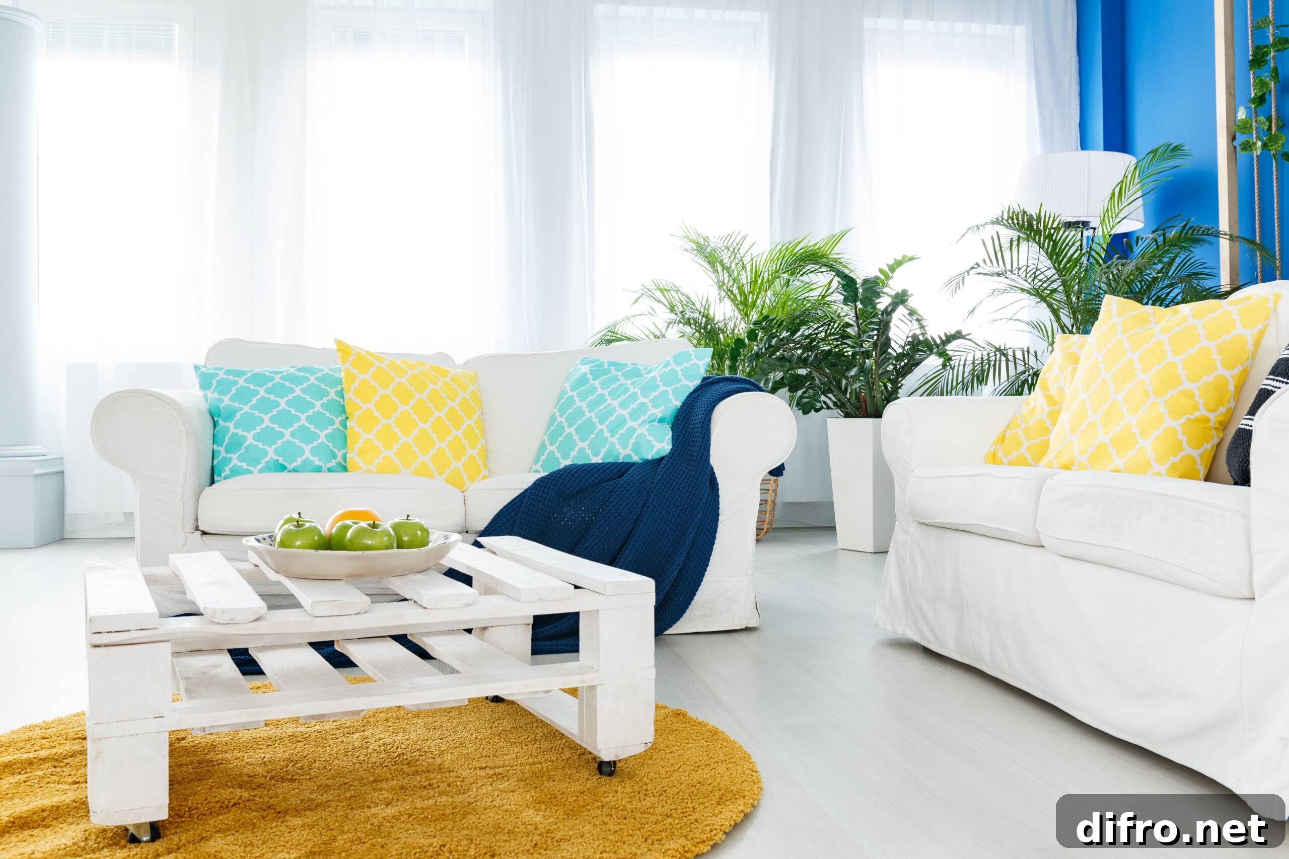 A bright living room with color accents.