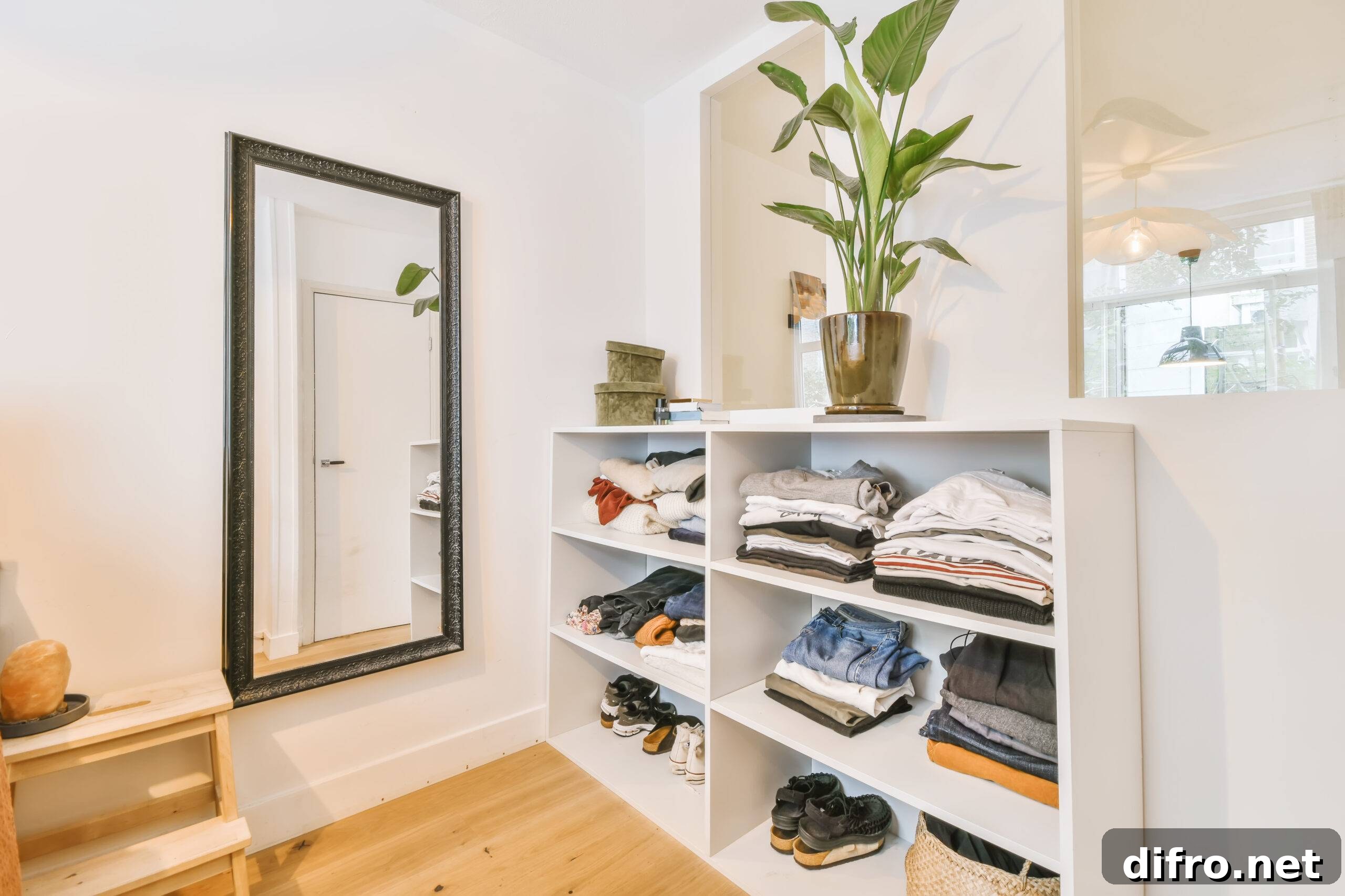 Bookshelves with folded clothes in it, a mirror on the wall.