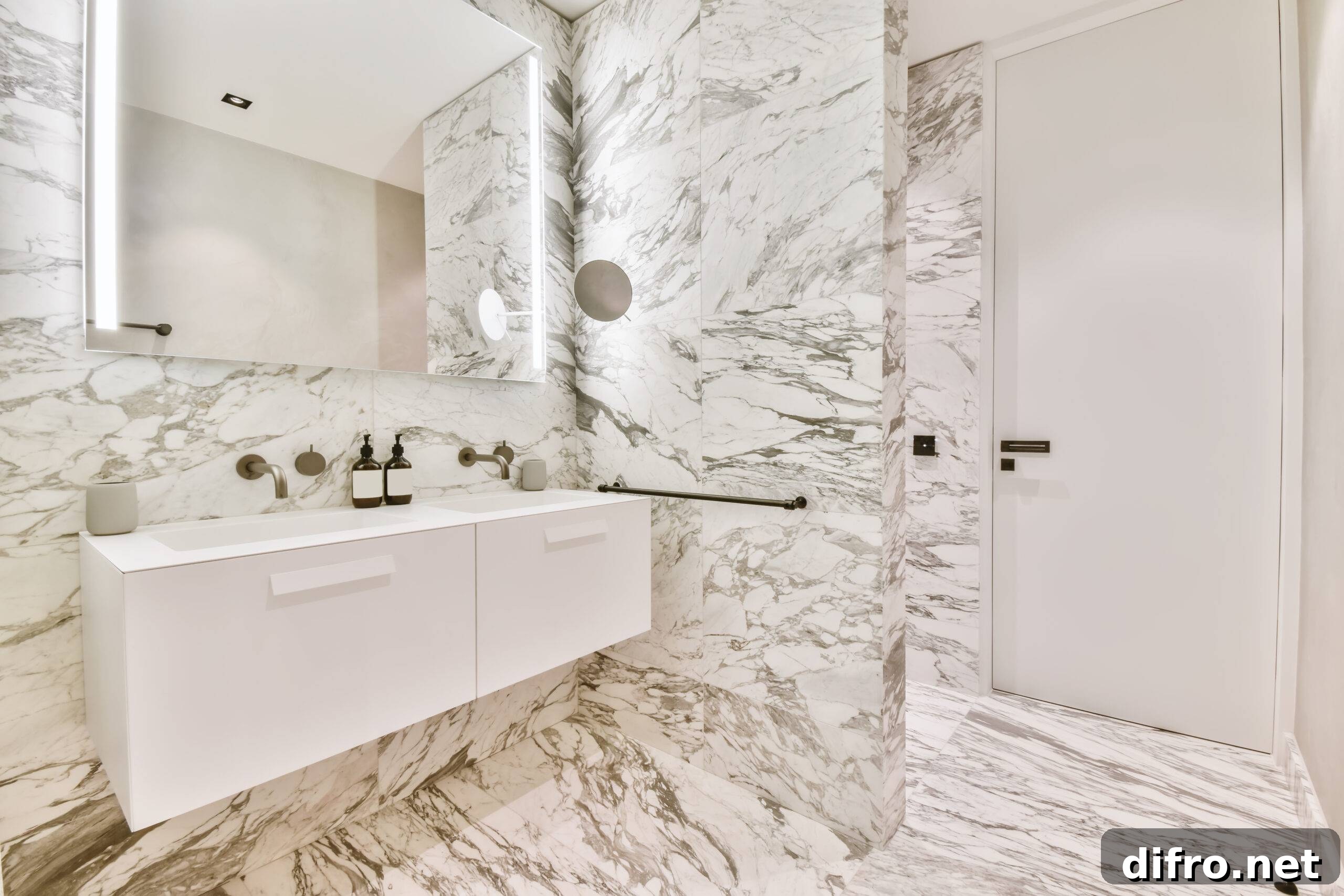 A bathroom with marble walls and flooring.