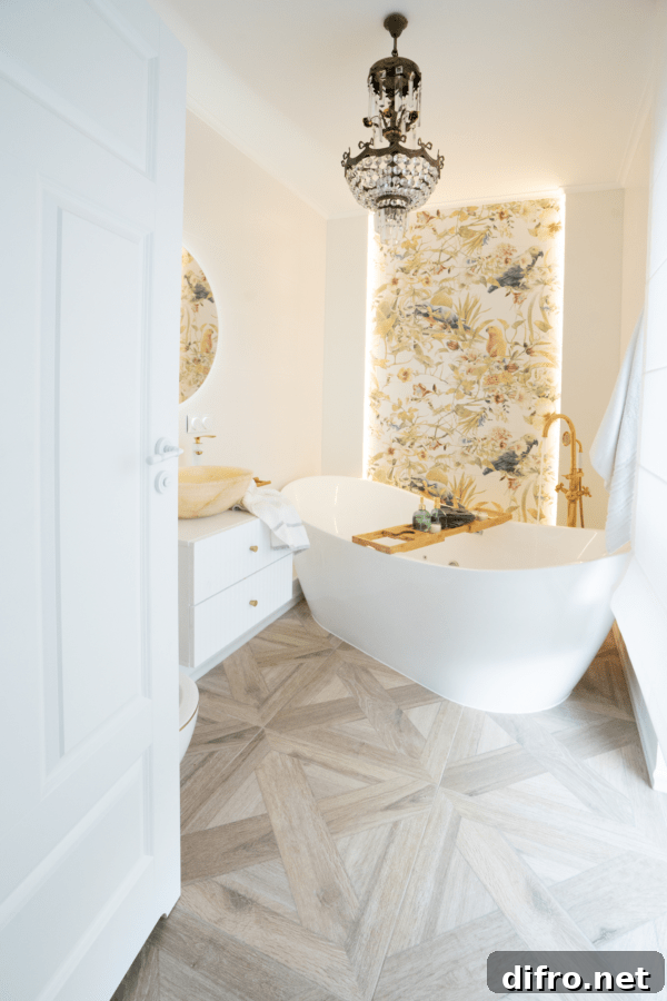 A bright bathroom with a tub.