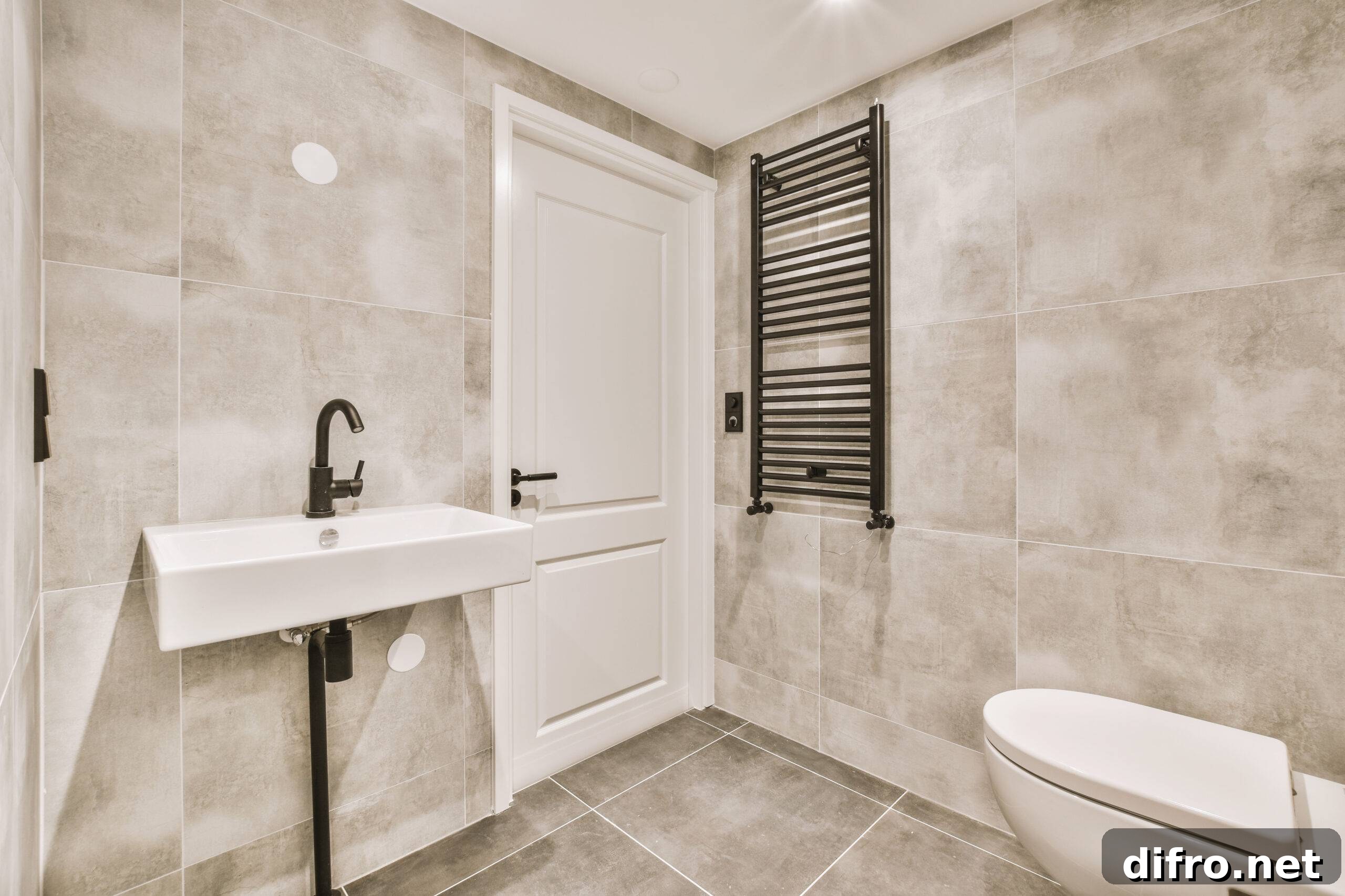 A bathroom with large tiles on the walls and floor.