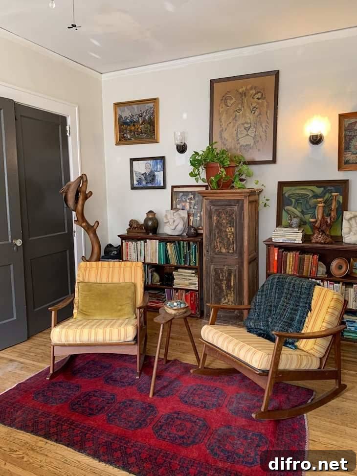 A living room filled with thrifted furniture and decor.
