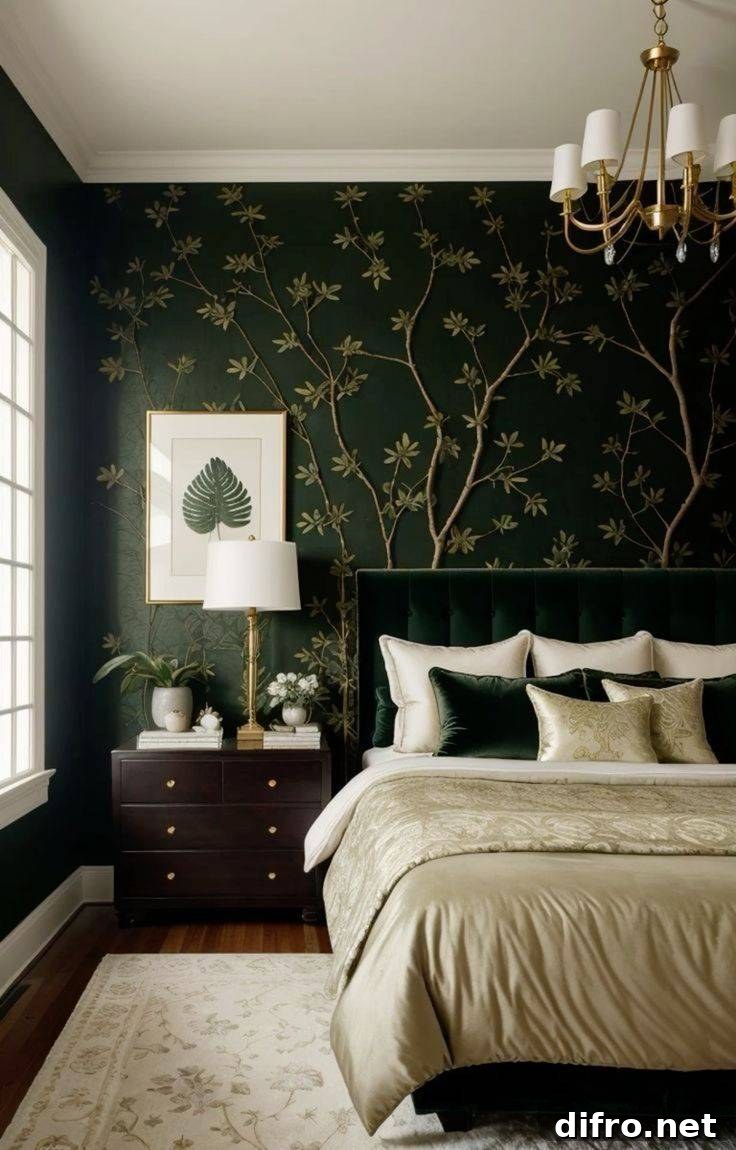 A bedroom with floral wallpaper.