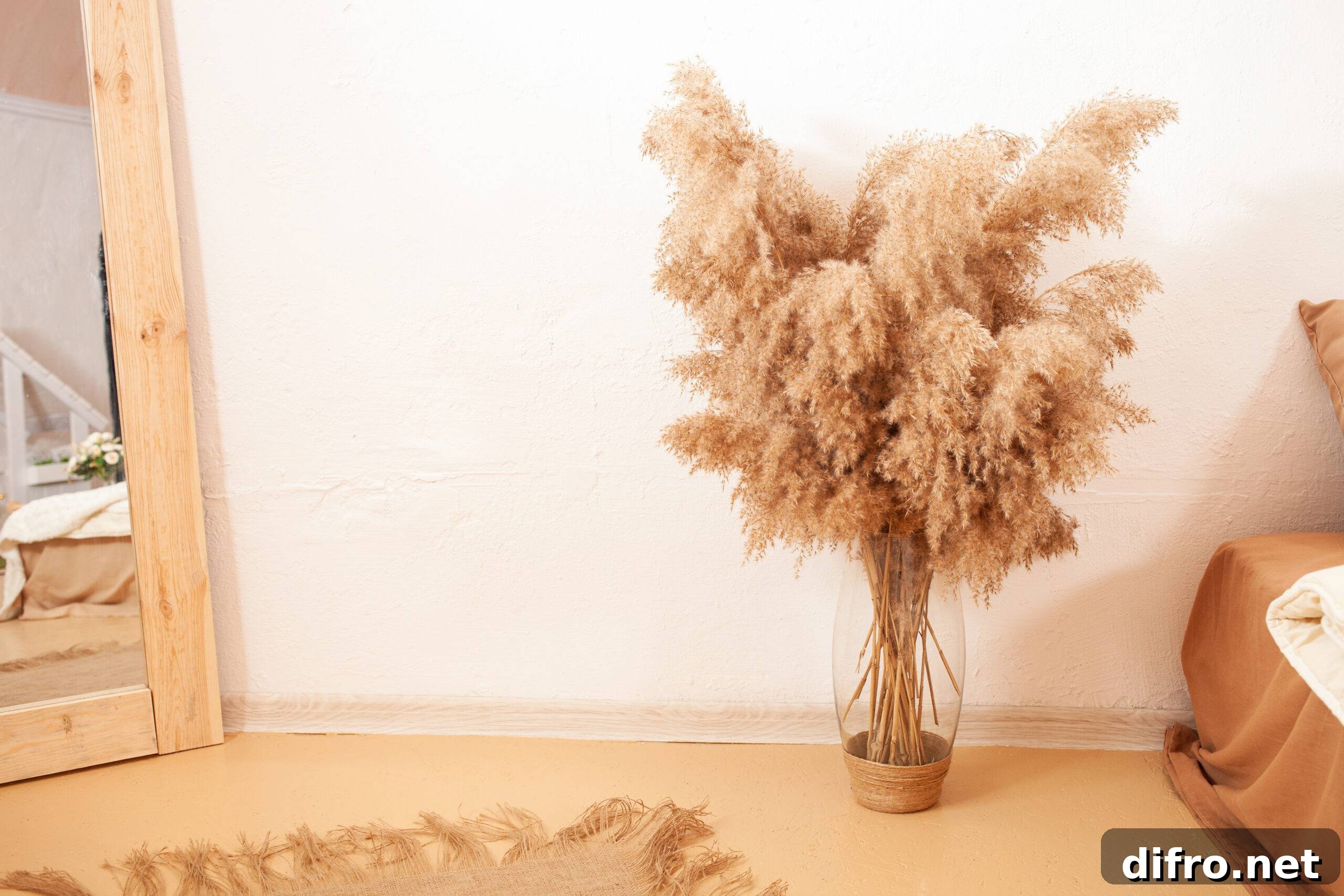 Pampas grass in a vase on the ground, a mirror and bed beside it.
