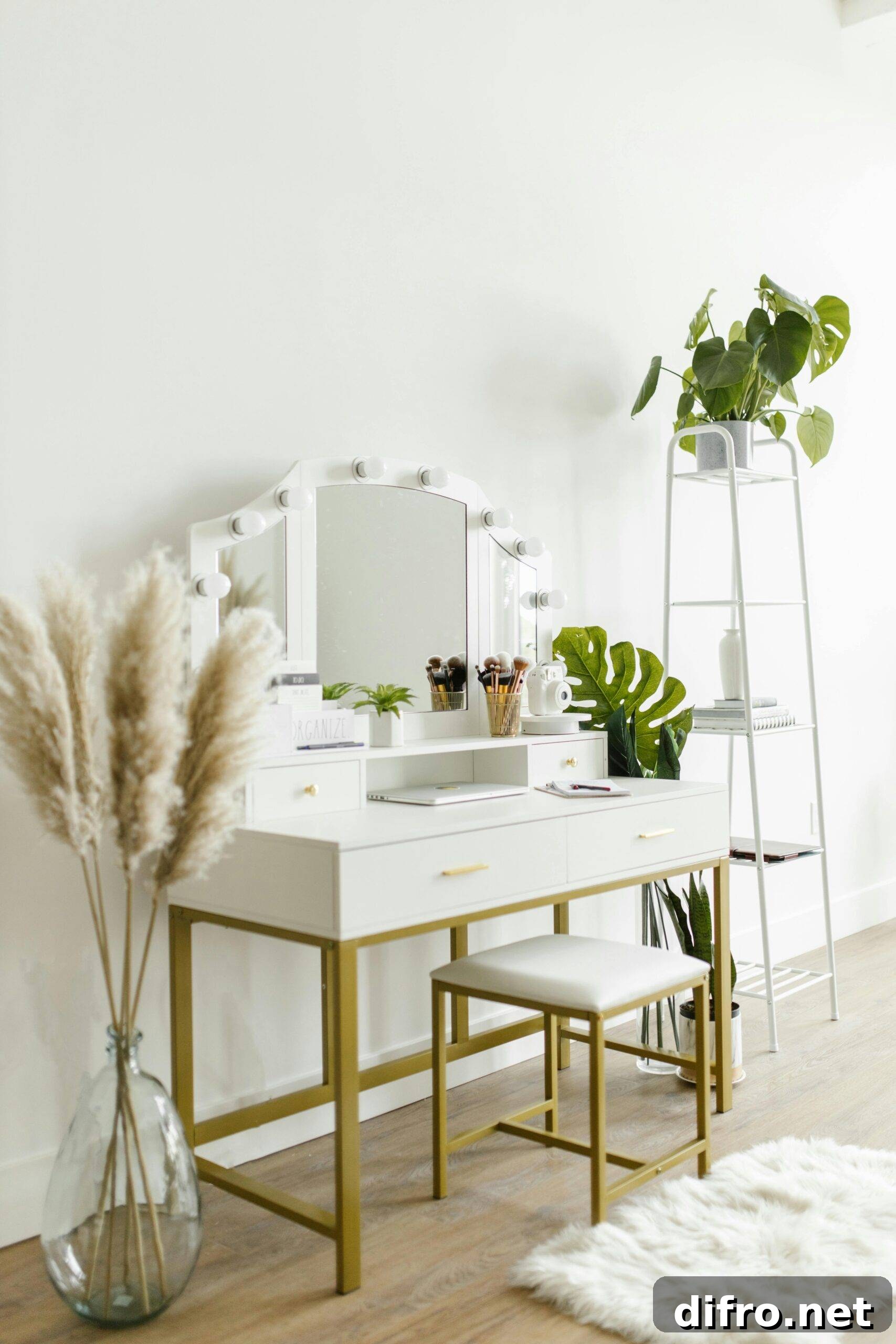 Pampas grass in a vase on the ground beside a vanity table.