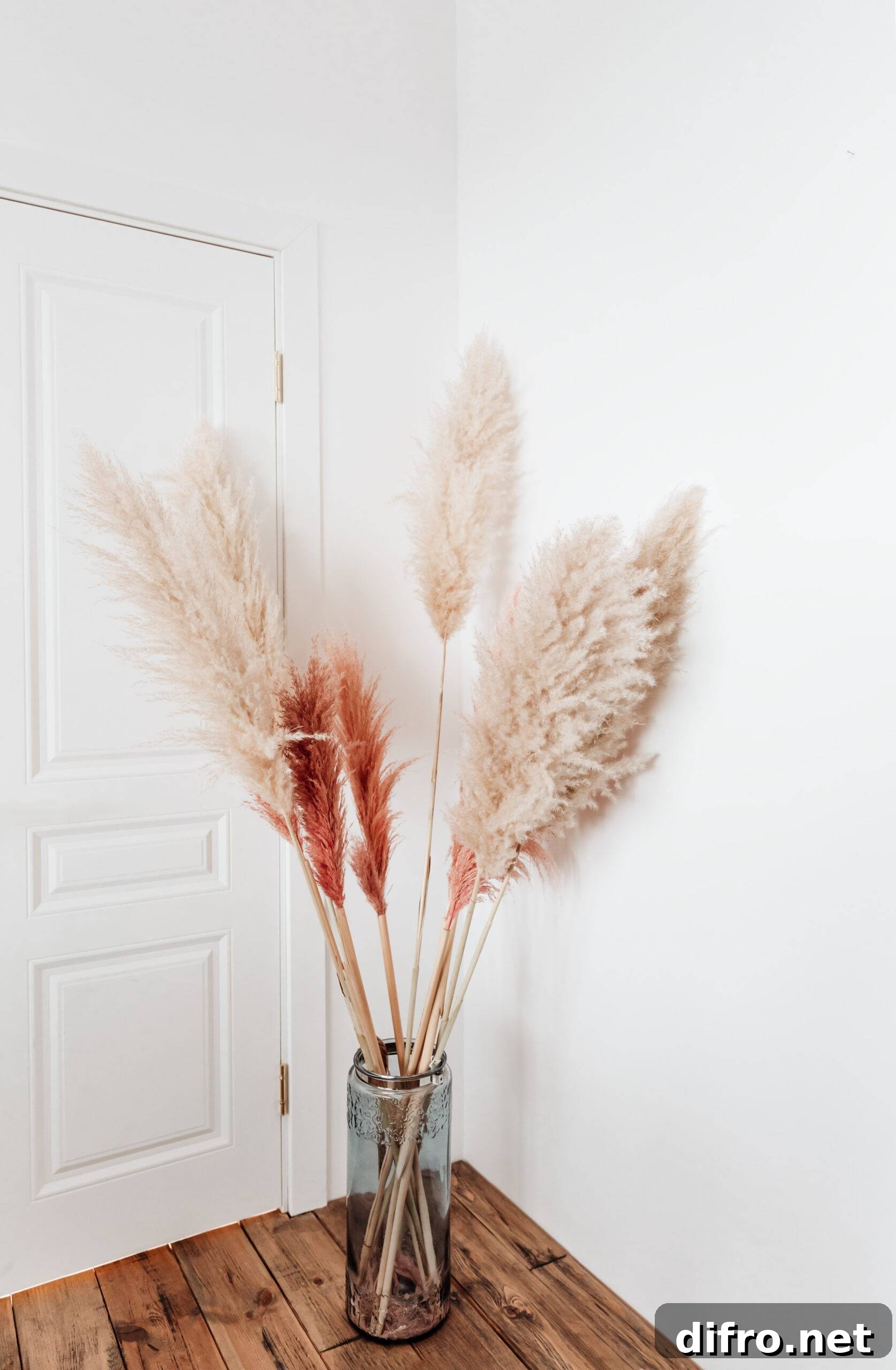 Tall stalks of pampas grass in a vase on the ground beside a door.