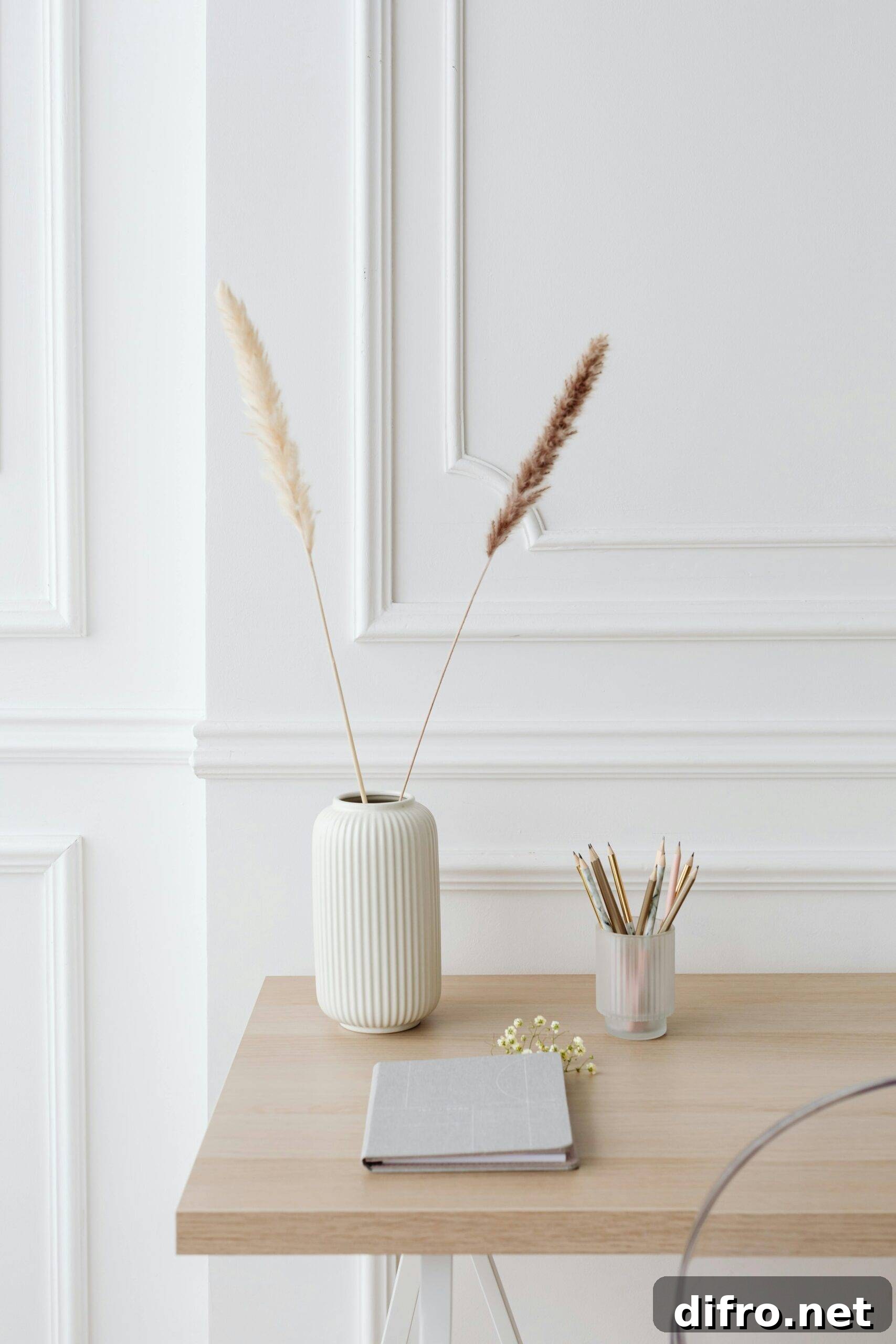 Two single stocks of pampas grass in a vase on a desk.