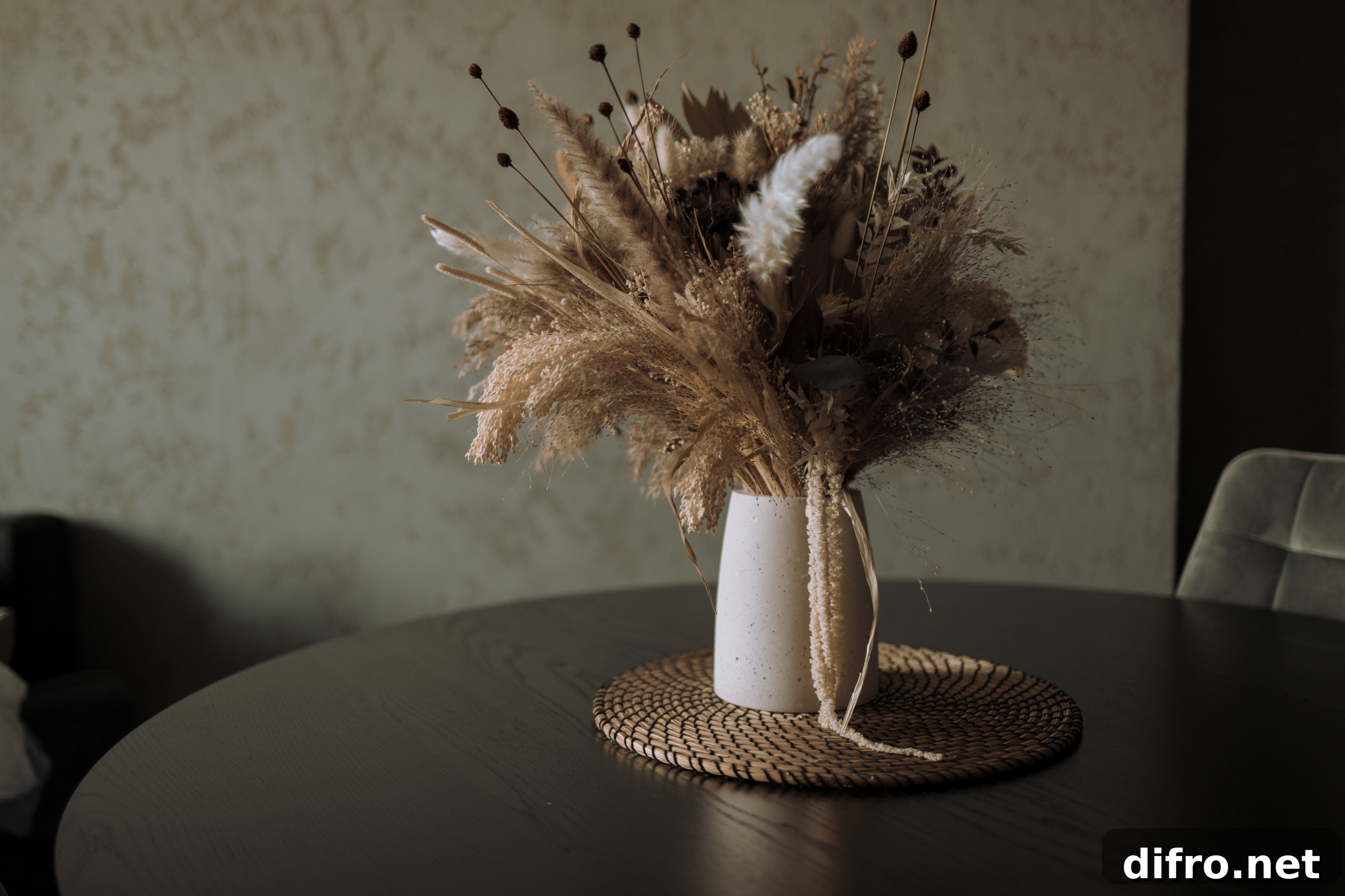 A vase on a table filled with pampas grass and other dried plants.
