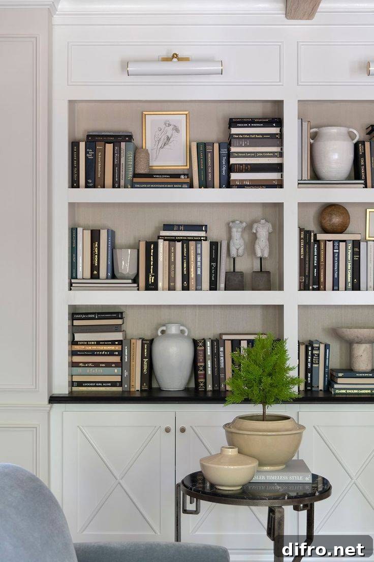 Nicely decorated bookshelves.