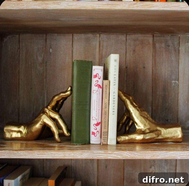 Hand bookends holding up four books on a shelf.