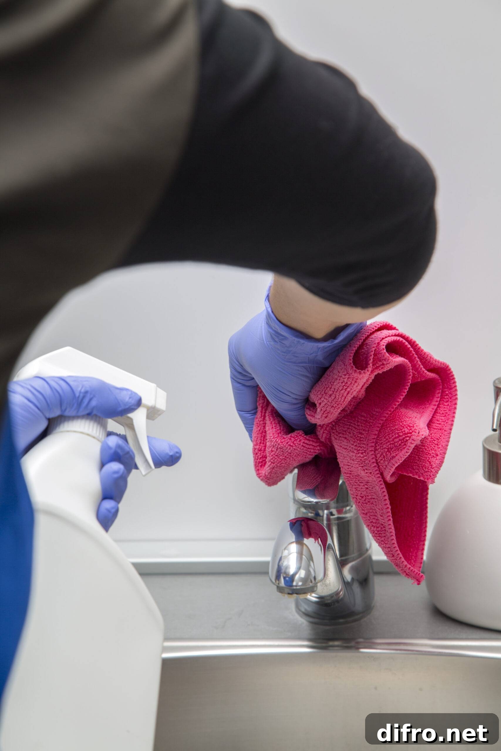 Someone cleaning a bathroom sink faucet.