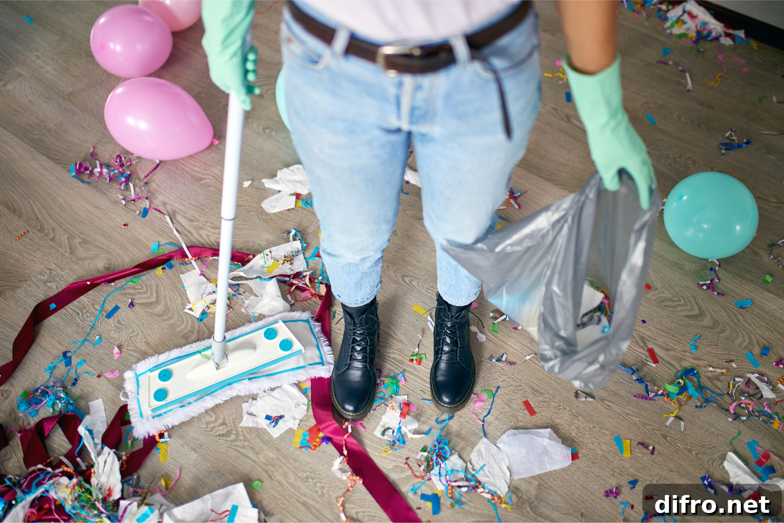 Person holding a broom cleaning up a large party mess.