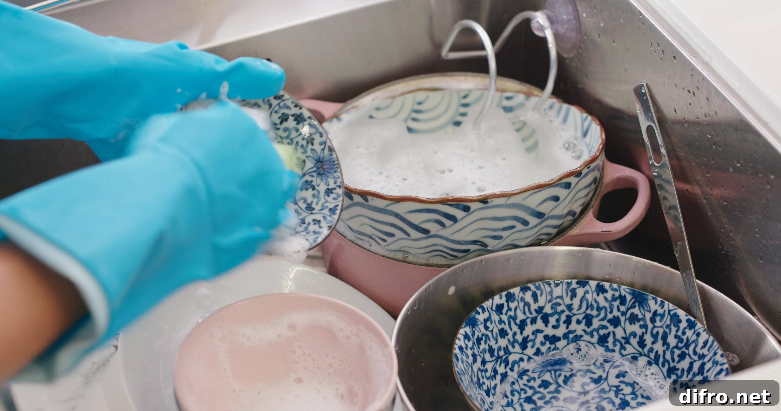 Gloved hands washing dishes in a sink.