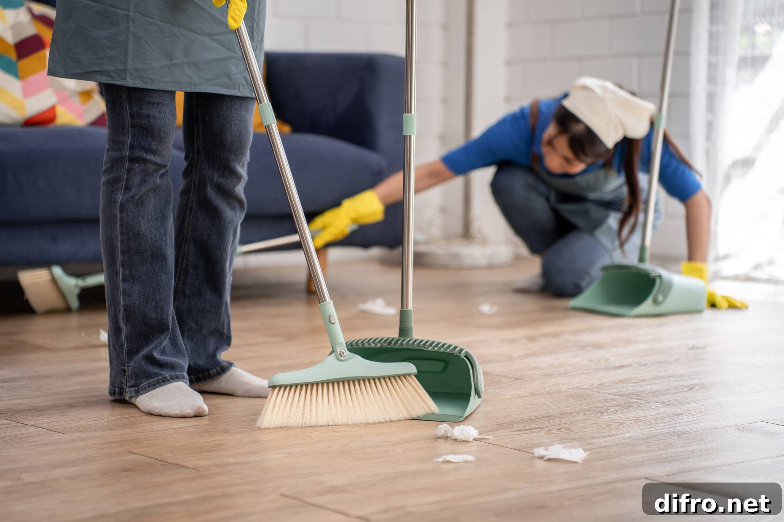 Two people cleaning a living room together.