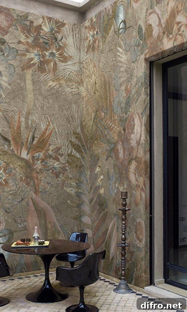Metallic wallpaper on a wall, a table and chairs close by.