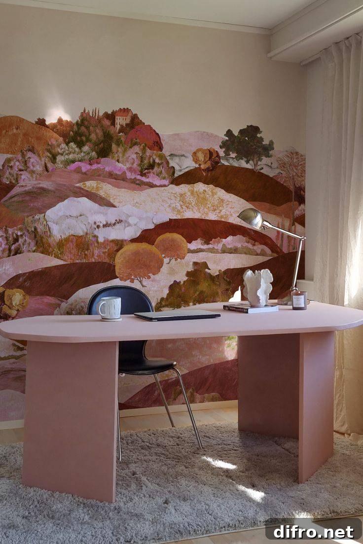 A pink office desk in front of a wall with a painted mural.