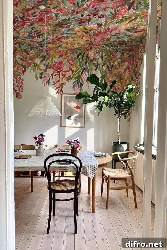 A view into a dining room with a floral mural on the ceiling.