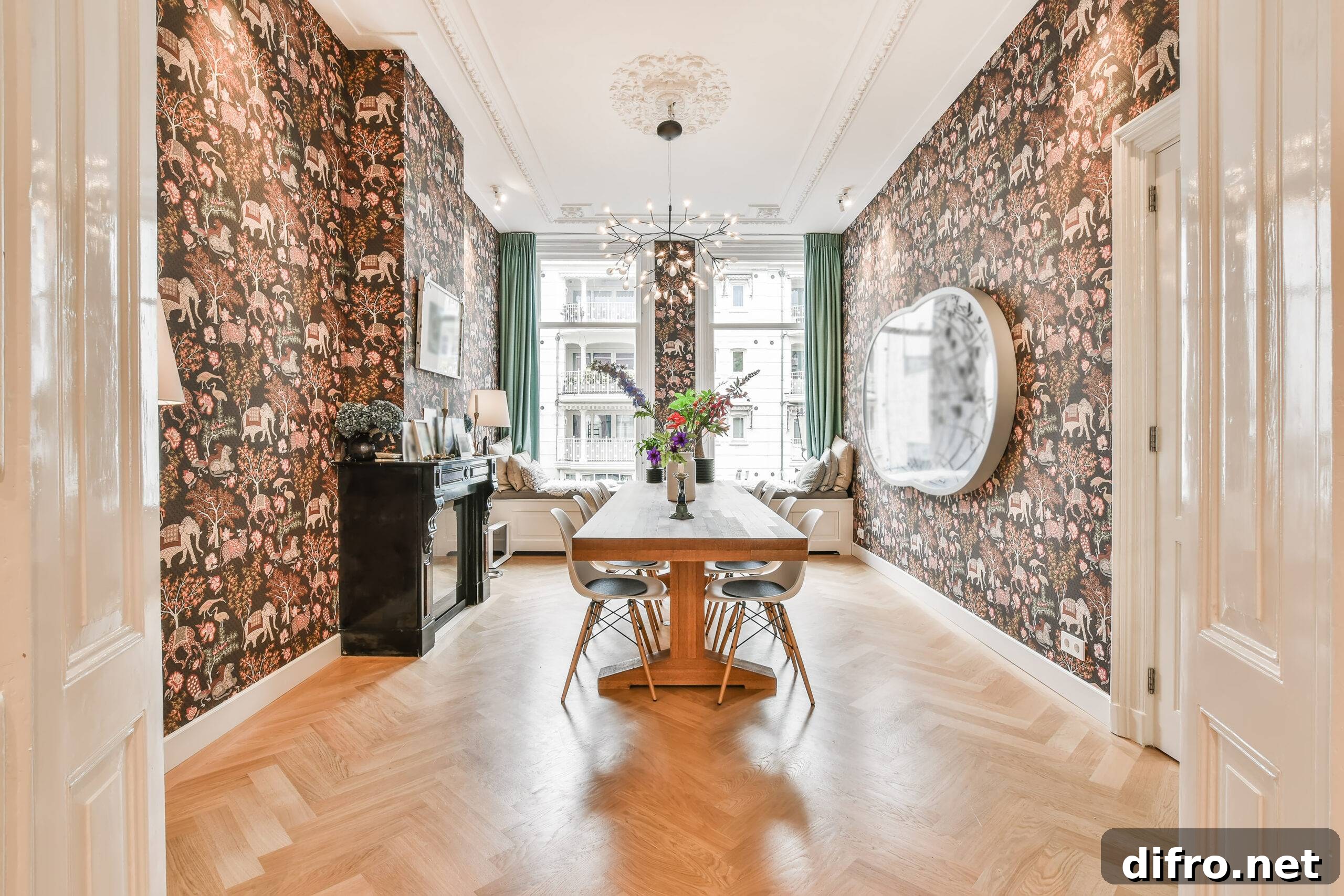 A dining room with ornate wallpaper and bright windows at the end.