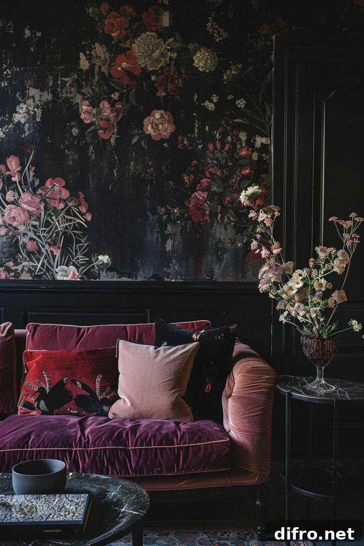 Dark wallpaper with a purple velvet couch.