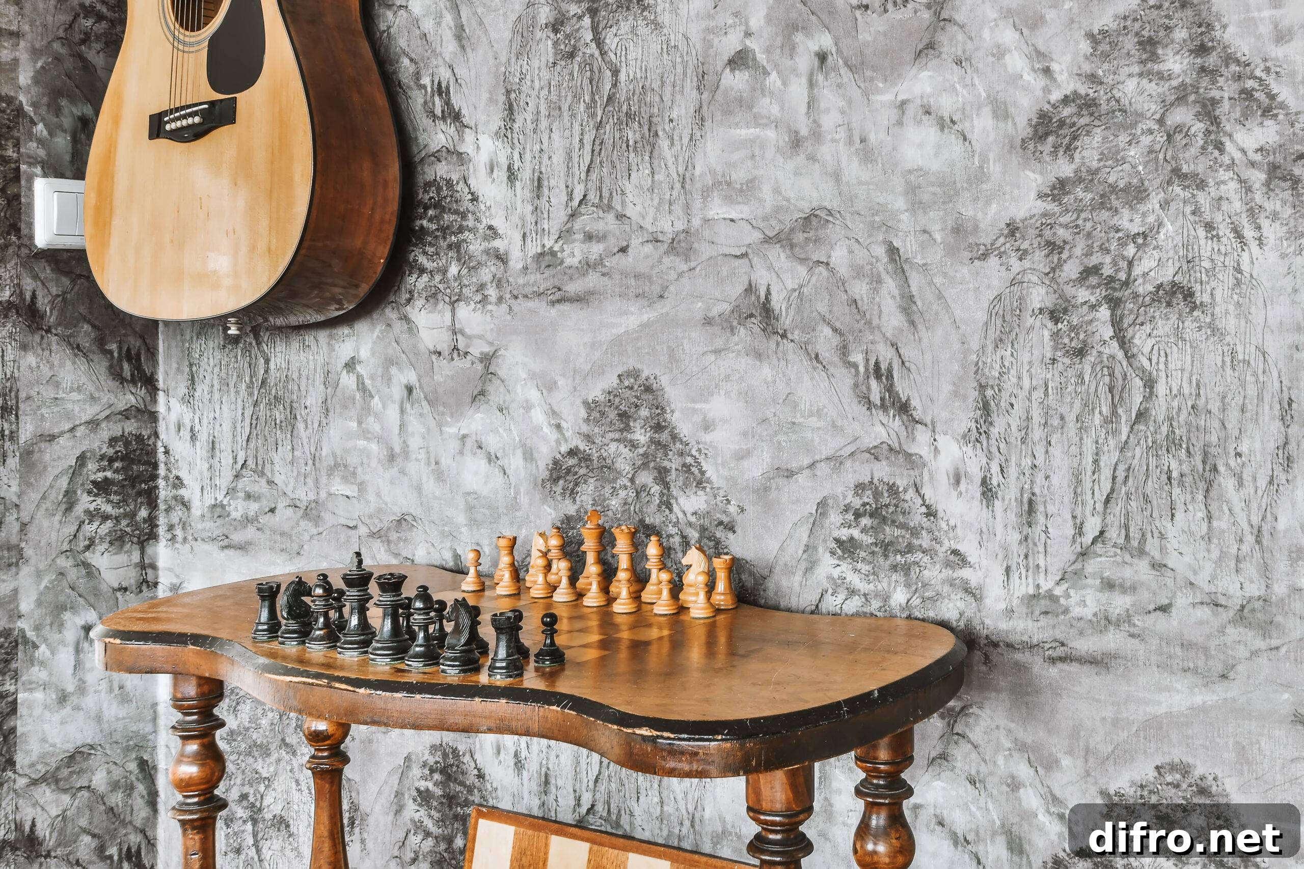 A table with a chess set beneath a hung up guitar, detailed wallpaper on the wall.