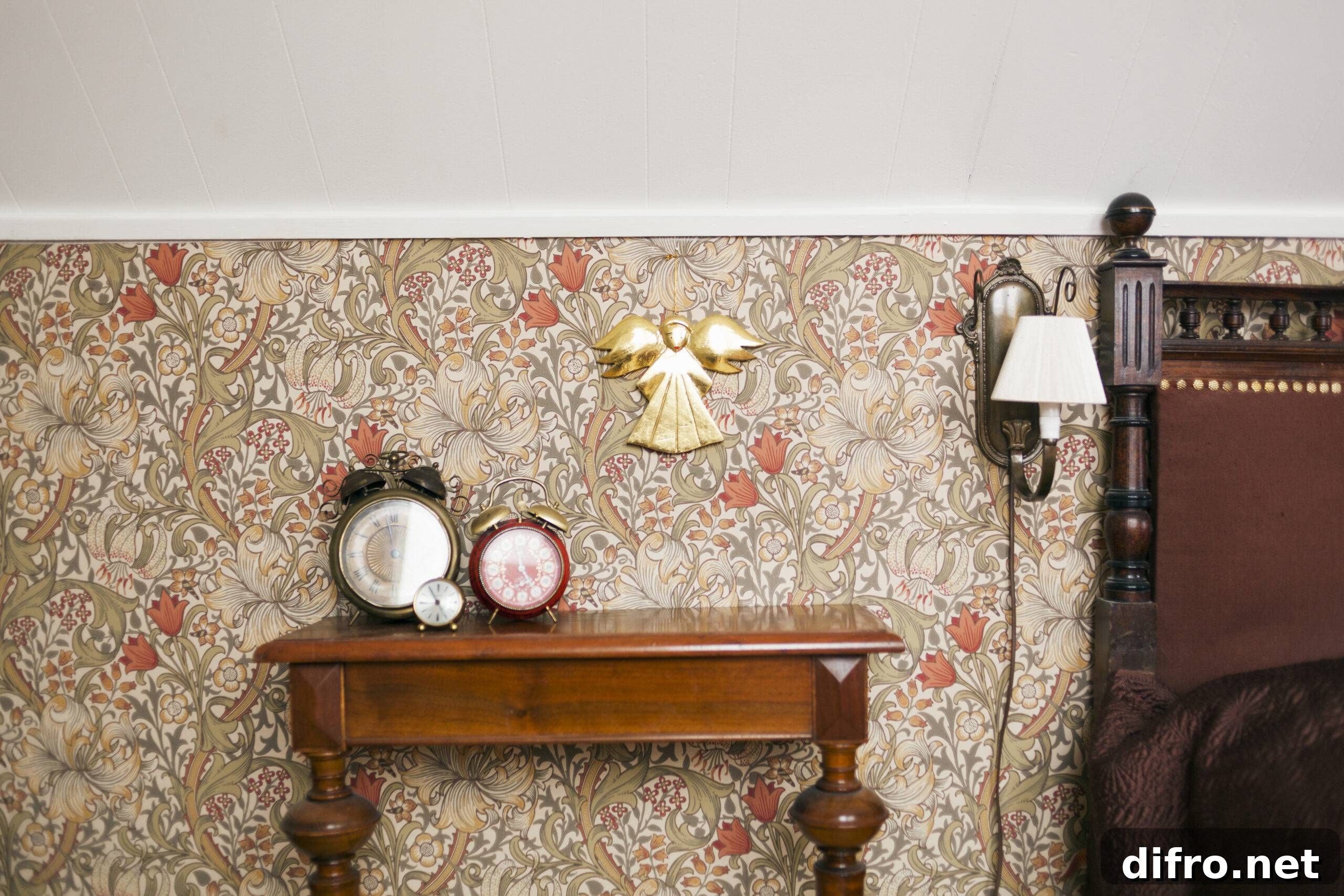 A bedroom wall with detailed floral wallpaper, a side table and bed also visible.