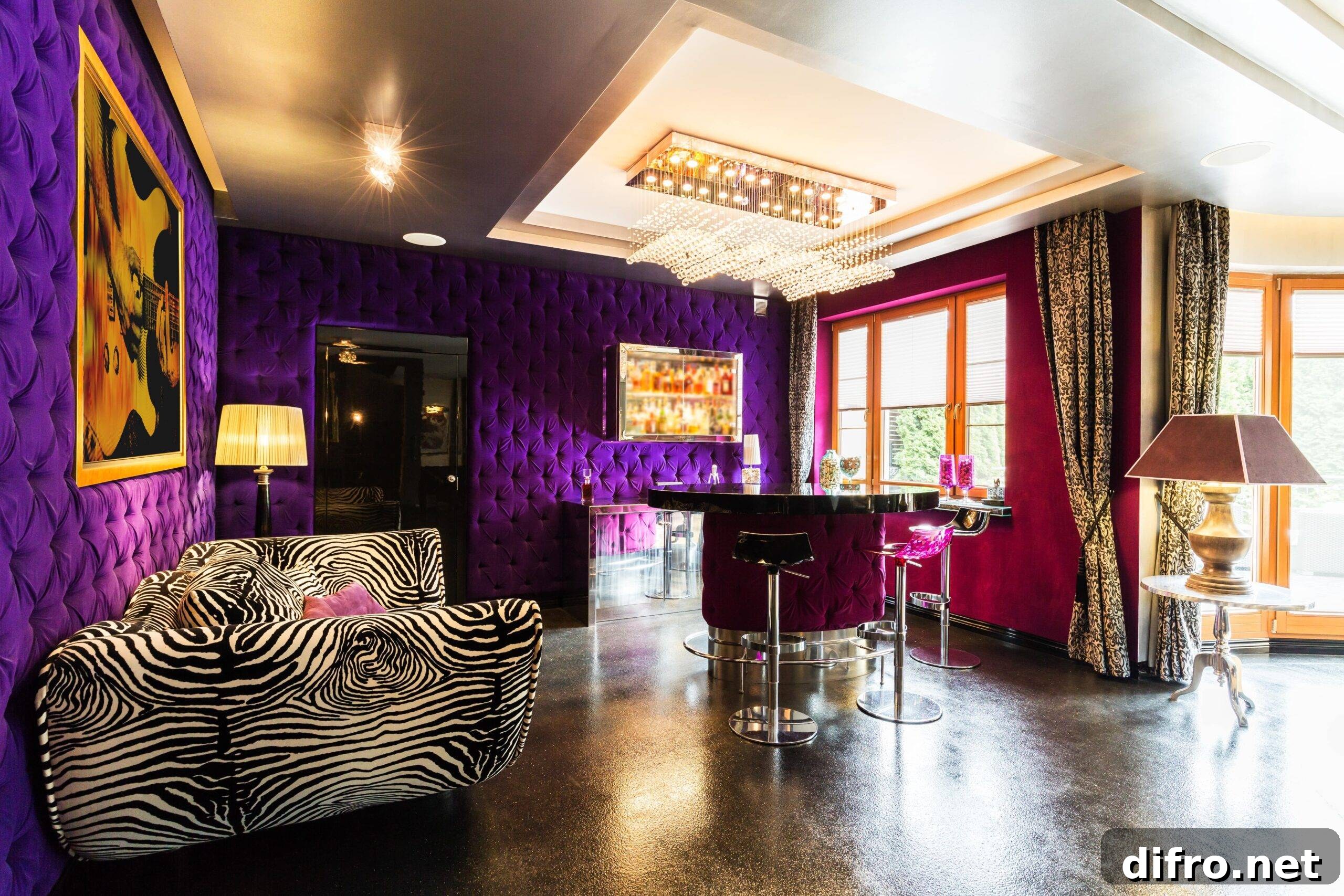 A loud, 2000's era style room with purple velvet cushioned walls and a zebra print couch