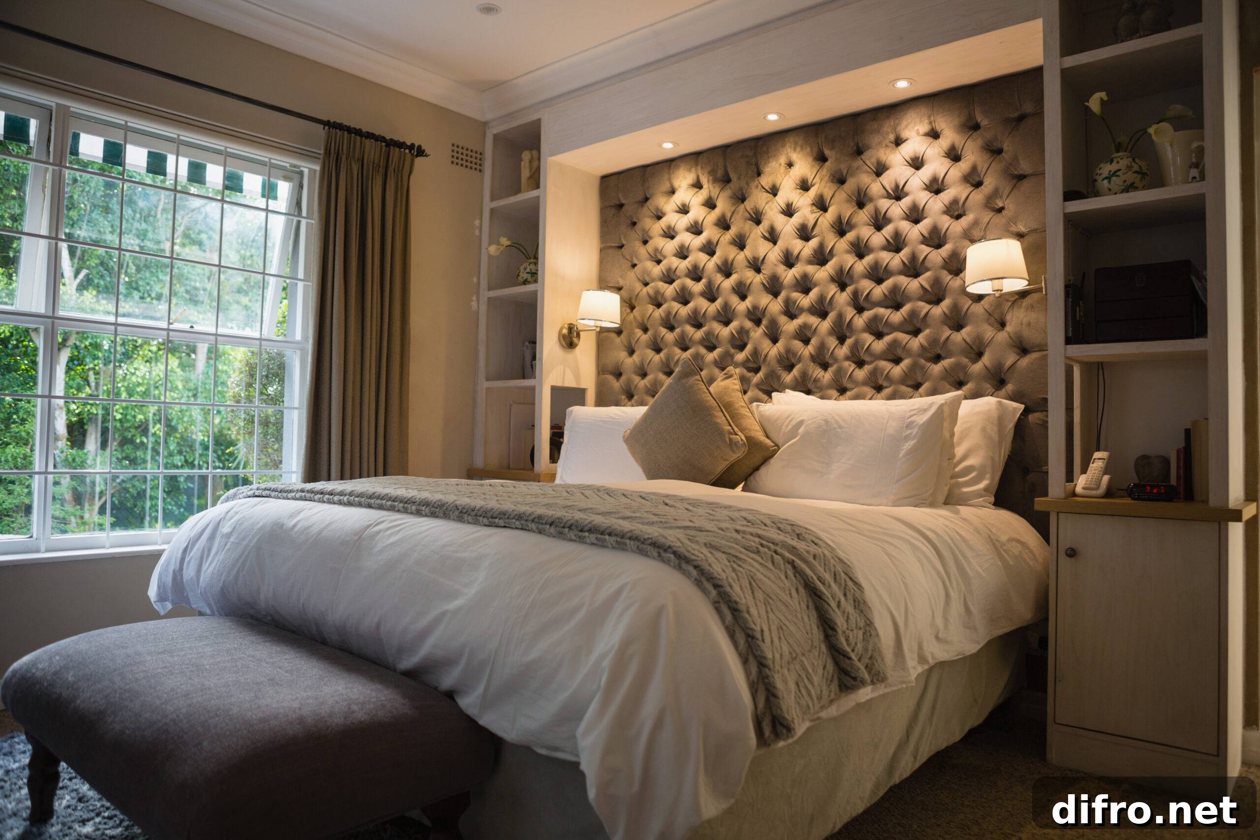 A grey palette bedroom with a velvet accent wall behind it, a large knit throw blanket on it.